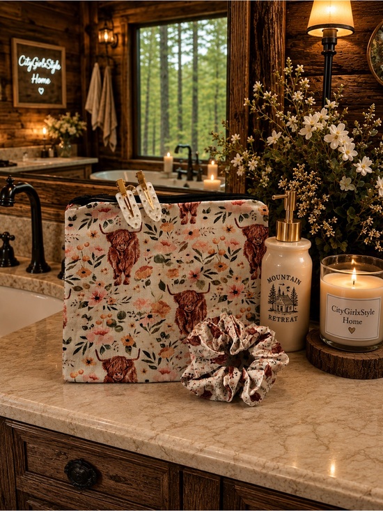 Accessories - Floral & Highland Cow Cosmetic Bag with Matching Scrunchie and makeup clip